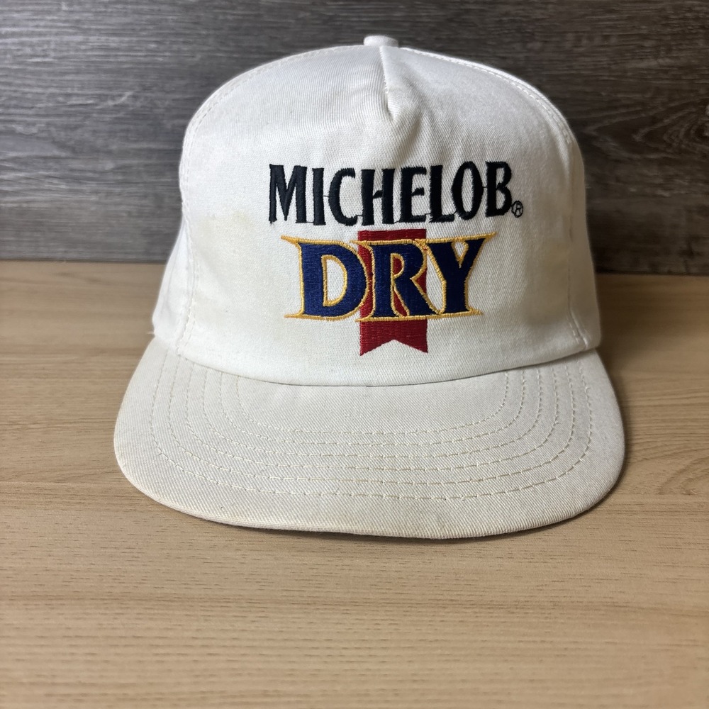 Vintage Michelob Dry Hat Cap Snap Back White Beer Advertising Promo Mens 90s USA
